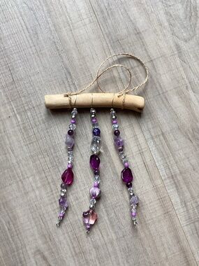 New Handmade Beaded Sun Catcher with Wire, Driftwood, Amethyst